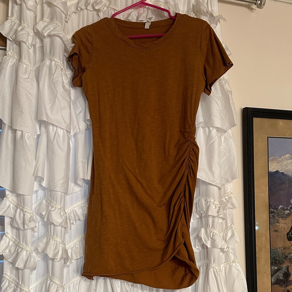 Ruched Caramel Mini Dress